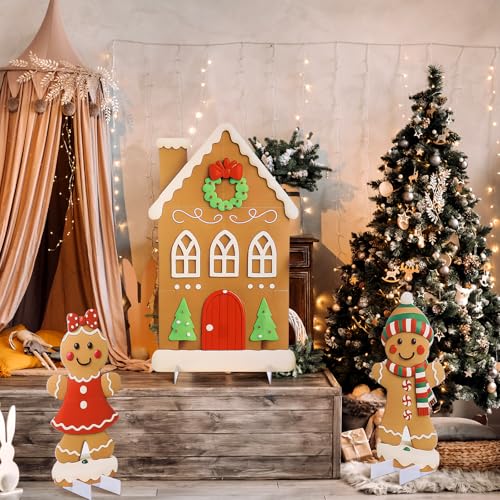 Soulchen 3 Pcs 39.4 Inch Gingerbread Backdrop Cardboard Cutout Gingerbread Man House Christmas Photo Booth Props Background Stand up Christmas Party Decorations Games for Party Supplies - style: Gingerbread Man