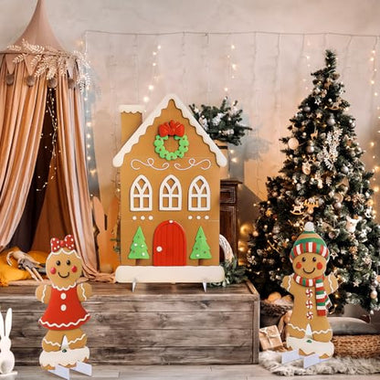 Soulchen 3 Pcs 39.4 Inch Gingerbread Backdrop Cardboard Cutout Gingerbread Man House Christmas Photo Booth Props Background Stand up Christmas Party Decorations Games for Party Supplies - style: Gingerbread Man