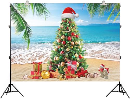 Summer Christmas Tree Backdrop Tropical Beach Xmas in July Photography Background Palm Leaves Blue Sky Ocean Christmas Family Holiday Party Photo Backdrop (10x8FT(120x96 inch)) - size: 10x8FT(120x96 inch)