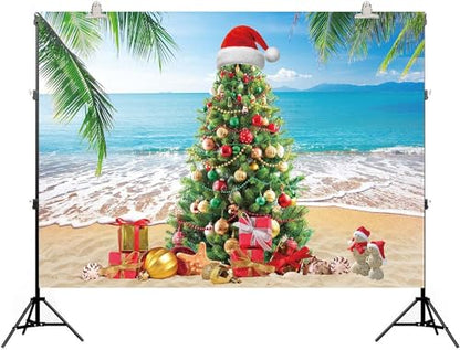 Summer Christmas Tree Backdrop Tropical Beach Xmas in July Photography Background Palm Leaves Blue Sky Ocean Christmas Family Holiday Party Photo Backdrop (10x8FT(120x96 inch)) - size: 10x8FT(120x96 inch)