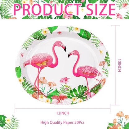 50 Pcs Flamingo Party Supplies - 10" X 12" Disposable 400 GSM Paper Plates for Tropical Luau Hawaiian Decoration - Girls Kids Summer Pool Birthday Party - style: Flamingo Oval Kit