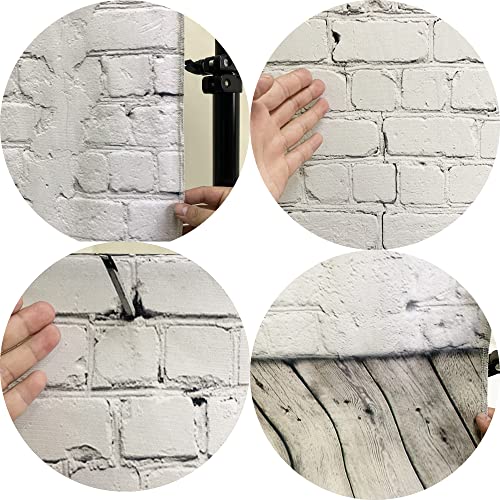 HUAYI White Brick Wall with Wooden Floor Design Photography Backdrop with 2 Hooks for Newborn Portrait Smash Cake D-2504 (5x7ft(Cotton+2Hooks)) - size: 5x7ft-CottonPoly