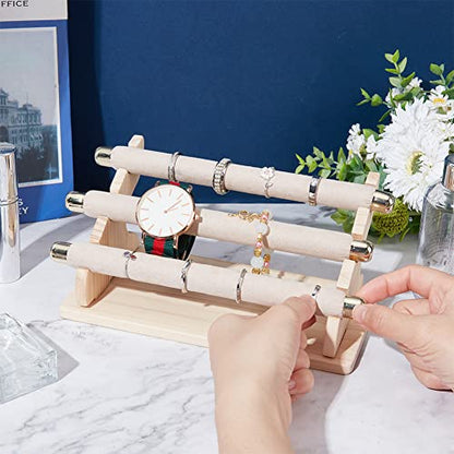 NBEADS 3-Tier Ring Display Stands, Fashion Style Detachable Finger Velvet Ring Display Stands with Golden End Jewelry Holder for Wedding Jewelry Storage Organizer - color: 3-Tier Wooden L.w.thi: 7.87x4.13x3.54"