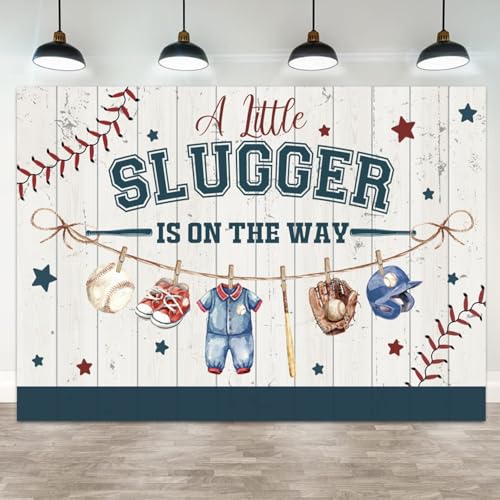 5x3ft A Little Slugger is On The Way Backdrop Baseball Themed Baby Shower Party Decoration for Boys Vintage Wooden Stripes Background with Baseball for Gender Reveal Party Photo Booth Props - color: Color 3, size: 5x3ft