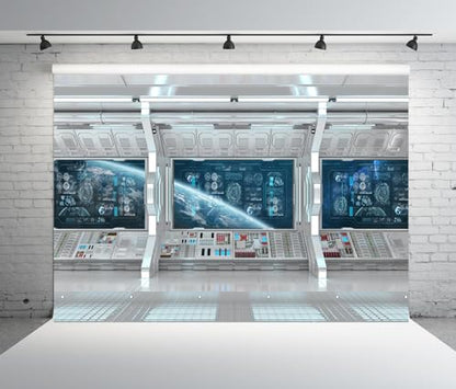 BELECO 15x8ft Fabric Spaceship Backdrop Futuristic Science Fiction Spacecraft Cabin, Universe Outer Space Earth Planet Background Space Station Party Decorations Photo Booth Shoot Studio Props - size: 15x8ft