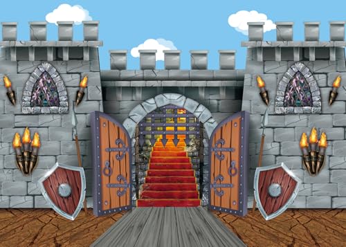 Medieval Party Backdrop Medieval Castle Wall Arched Door Window Knight Photography Background Medieval Vintage Castle Boys Children Birthday Party Photo Props (8x6FT) - size: 8x6FT