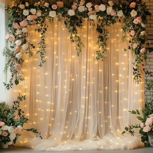 Tulle Curtain Backdrop with 300 LED Fairy Lights for Parities Wrinkle-Free Sheer Curtain Drapes Photo Back Drop for Wedding Baby Shower Bridal Shower Birthday Home Décor-10ft×10ft, Champagne - color: Champagne