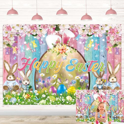 Happy Easter Backdrop Colorful Wood Easter Photography Background Spring Flower Bunny Eggs Backdrop for Easter Themed Party Decoration Banner (120x96 inch (10x8FT)) - size: 120x96 inch (10x8FT)