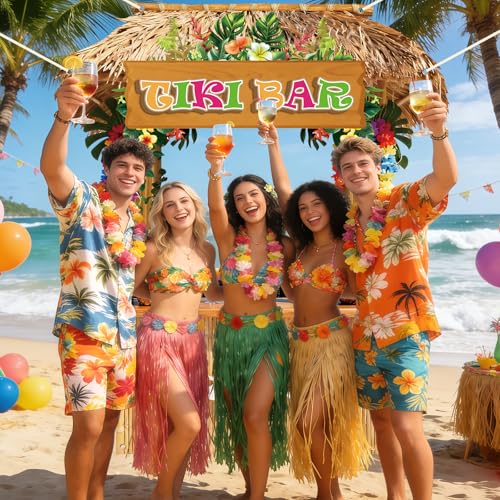 Tiki Bar Hut Banner Hawaiian Aloha Banner Tiki Bar Photo Booth Props Luau Party Backdrop Tropical Beach Hut Design Photo Background for Summer Hawaiian Pool Beach Luau Party Decor Supplies