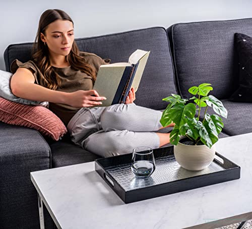 Home Redefined 17.5"x12" Silver & Black Glossy Crocodile Faux Leather Serving Tray Beautiful Modern Elegant Decorative Tray with Handles Ottoman Coffee Table Tv Remote Storage for All Occasion's - color: Silver/Black
