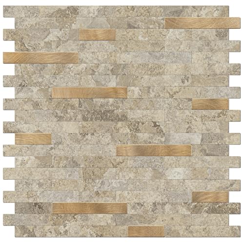 STICKGOO Peel and Stick Backsplash Tile, Stick on Backsplash for Kitchen and Bathroom, Stone Beige Marble Look PVC Mixed Metal Gold Self Adhesive Wall Tiles(Sample) - color: Stone Beige with Metal Gold