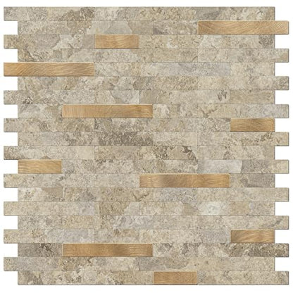 STICKGOO Peel and Stick Backsplash Tile, Stick on Backsplash for Kitchen and Bathroom, Stone Beige Marble Look PVC Mixed Metal Gold Self Adhesive Wall Tiles(Sample) - color: Stone Beige with Metal Gold