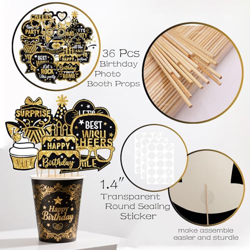JOJO FLY 36 Pcs Birthday Photo Booth Props Kit, Black and Gold Party Favors, Happy Birthday Party Decorations, Photobooth Holiday Selfie Supplies