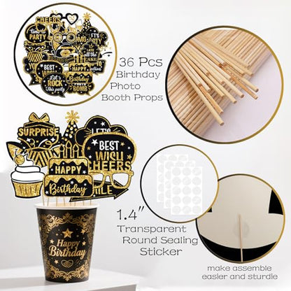 JOJO FLY 36 Pcs Birthday Photo Booth Props Kit, Black and Gold Party Favors, Happy Birthday Party Decorations, Photobooth Holiday Selfie Supplies