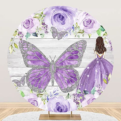 YongFoto Sweet Girl Princess Round Backdrop Cover 7ft Wood Texture Silver Sequin Butterfly Purple Camellia Floral Photography Background Quinceanera 15th Birthday Party Decor Cake Table Banner Booth - size: 7ftx7ft