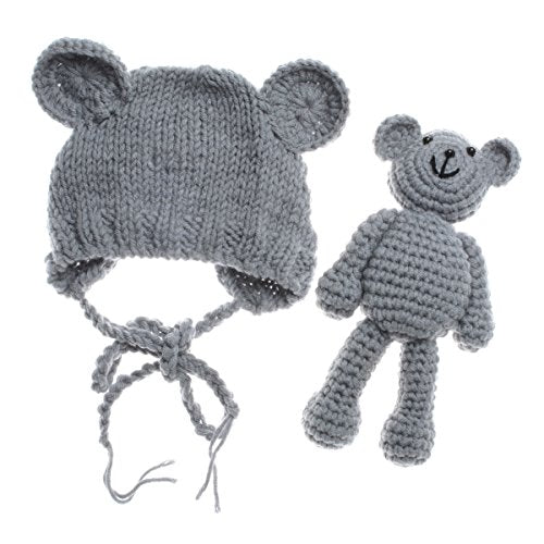 ECYC Newborn Baby Bear Hat Beanie with Bear Dolls Photography Accessories Grey - color: Grey