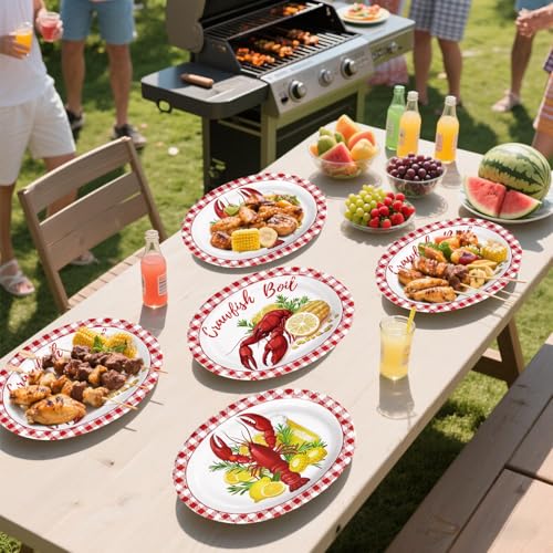 Grencian 50 Pcs Crawfish Boil Party Supplies 10” x 12” Lobster Boil Oval Paper Plates Large Disposable Crawfish Red Gingham Tableware Set for Baby Shower BBQ Summer Picnic Barbecue Cookout Carnival - style: 50Pcs Crawfish Oval Plates