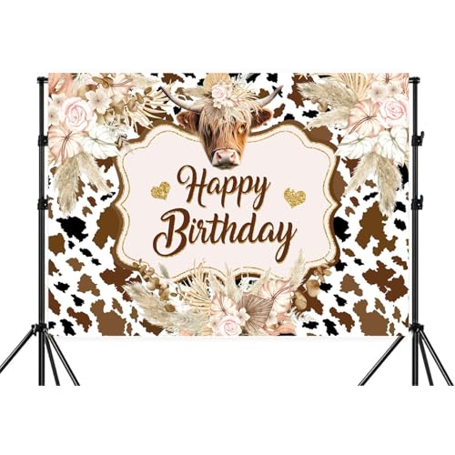 Wathon Western Cow Birthday Backdrop for Photography Brown Highland Cattle with Floral Pampas Grass Party Decorations Banner Boho Fun Farm Cow Photo Background Booth Video Studio Props 7X5FT - color: Fun Cow, size: 7X5FT