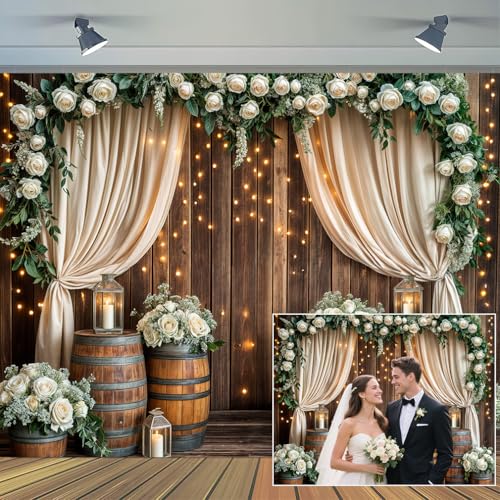 5 x 3 ft Wedding Rustic Barn Door Backdrop Western Wooden Vintage White Rose Floral Photography Background Anniversary Wedding Kids Birthday Bridal Shower Party Photo Shoot Decor Props Decoration - color: Brown, size: 5x3ft