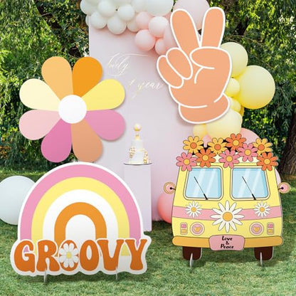 4 Pcs 24 Inch Large Hippie Photo Booth Props Retro Groovy Cardboard Cutout Party Decorations Boho Bus Daisy Peace Sign Hand Rainbow Frame Backdrop for 60s 70s Hippie Baby Shower Party Supply - style: Hippie