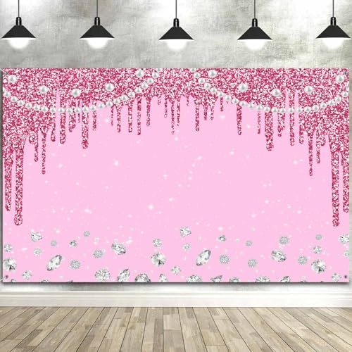 7x5FT Pink Backdrop Dripping Glitter Crystal Diamond White Pearl Photo Banner Happy Birthday Party Bridal Shower Wedding Decorations Photography Background Photo Shoot Props - color: Pink, size: 7X5FT