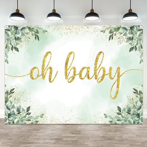 5x3ft Oh Baby Gold Glitter Greenery Backdrop for Neutral Baby Shower Newborn Photography Background with Eucalyptus Leaves Sage Gender Reveal Party Decoration for Girls Boys Kids Photoshoot - color: Color 6, size: 5x3ft