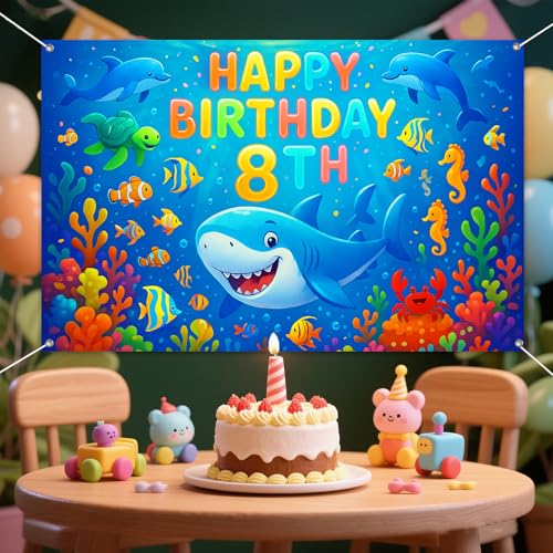 IVN Happy 8th Birthday Backdrop Banner 71x43 Inch Ocean Theme Under the Sea Birthday Party Decorations Photography Background Photo Booth Props for Boys Girls - color: Happy Birthday 8th