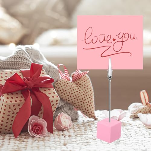 24 Pack Wooden Cube Memo Holders with Alligator Clips – Base Memo Clip Holde Table Number Stands, Place Card & Photo Display Clips for Wedding Reception, Event, Office Desk, Party Decor (Pink) - color: Pink
