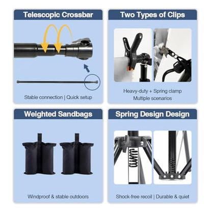 Kate Backdrop Stand Kit for Photography, 10x8.5ft(WxH) Adjustable Heavy Duty Photo Background Stand with 8 Clamps and 2 Sandbags, Back Drop Support System Stand for Backdrop Parties - color: Tripods with Telescopic Crossbar