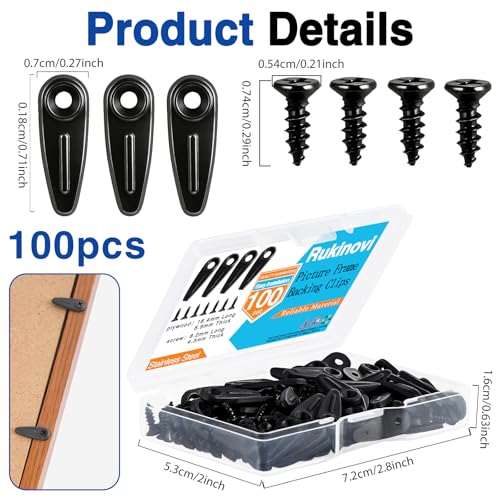 Picture Frame Backing Clips with Screws,100 Sets Black Durable Plastic Turn Button Backing Fasteners for Canvas Art,Shadow Box,Hanging Photos,Pictures Framing Supplies (A-Black)