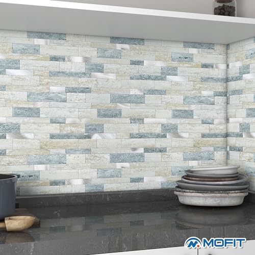 MOFIT Backsplash Tile for Kitchen Peel and Stick Stone Matte Finish,Bathroom Tiles Stickers 3D Wall Panel Linear Mosaic Marble Backsplash Waterproof(10sheets,Blue Green Gray) - color: Blue Green Gray, size: 10sheets