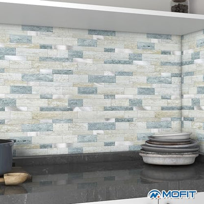MOFIT Backsplash Tile for Kitchen Peel and Stick Stone Matte Finish,Bathroom Tiles Stickers 3D Wall Panel Linear Mosaic Marble Backsplash Waterproof(10sheets,Blue Green Gray) - color: Blue Green Gray, size: 10sheets