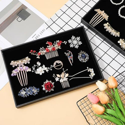 6PCS Black Velvet Stackable Jewelry Trays, Jewelry Organizer Tray for Drawers, Countertop & Dresser, Soft Showcase Trays for Rings, Necklaces, Earrings (Velvet Lining)