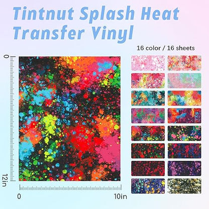 Tintnut Splash Heat Transfer Vinyl - 16 Sheets 10x12 Inch HTV Ink Watercolor Iron On Vinyl for T-Shirts Hats Clothes - color: BlackSplash16
