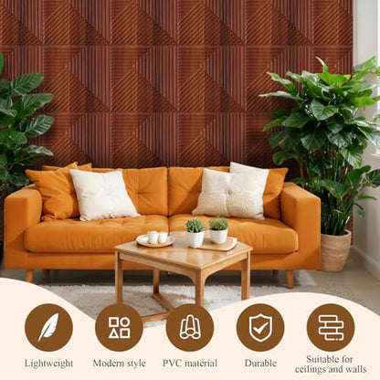 Hahafelt 20 Pack 3D Fluted Wall Panels, 12'' x 12'' Cover 20 Sq. ft, Waterproof PVC Textured Wood Grain Slat Tiles for Interior Wall Ceiling TV Background Living Room Bedroom Office Lobby Home Decor