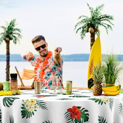 Oudain 84" Round Hawaiian Tablecloths, lagre Tropical Luau Plastic Table Covers with Palm Leaves & Hibiscus Flower, Aloha Summer Beach Pool Party Decorations Supplies(White,12 Pcs) - color: White