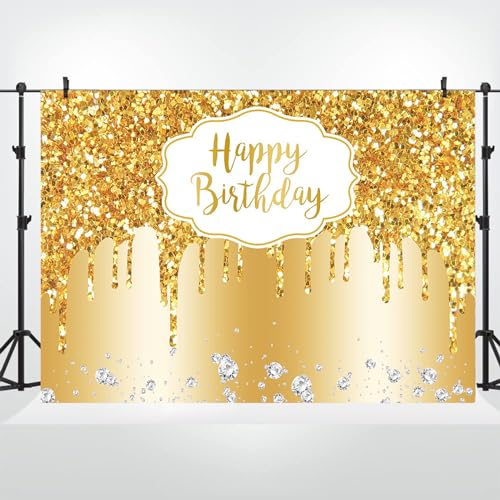 12x8ft Gold Happy Birthday Backdrop Modern Luxury Glitter Diamond Photography Background for Women Girls Sweet Princess Birthday Party Bridal Shower Decor Banner Supplies Photo Booth Props