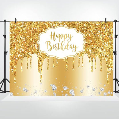 12x8ft Gold Happy Birthday Backdrop Modern Luxury Glitter Diamond Photography Background for Women Girls Sweet Princess Birthday Party Bridal Shower Decor Banner Supplies Photo Booth Props