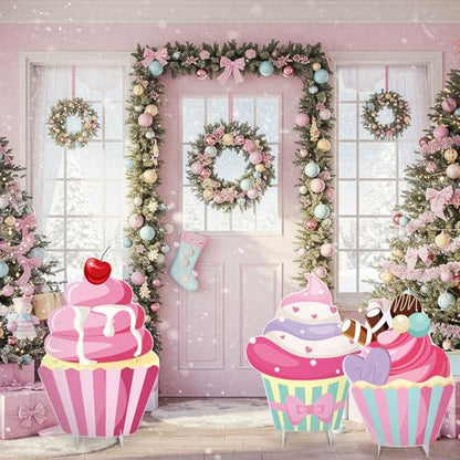 Soulchen 3 Pcs 24 Inch Large Cupcake Cardboard Cutout Photo Props Stand up Candy Land Party Decorations Cupcake Backdrop Yard Signs Christmas Candyland Party Supplies for Birthday Baby Shower - style: Cupcakes Party