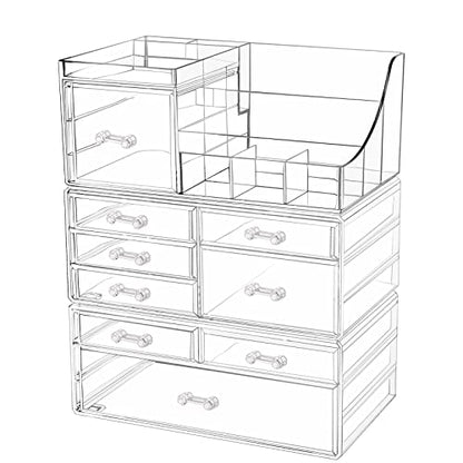 Cq acrylic 3 Pack Clear Make up Organizer Countertop,Stackable 9 Drawers Makeup Storage,Cute Vanity Organizers for dresser Hair Clip,Jewelry,Beauty Product Desk and Bathroom Organizers and Storage - size: 9 Drawers