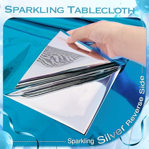 Just Shimmer 2 Pcs Lake Blue Foil Tablecloth 54 * 72inch Plastic Wedding Birthday Winter Party Turquoise Table Cloths Disposable Waterproof Aqua Table Cover for Graduation Anniversary Party Supplies - color: Lake Blue