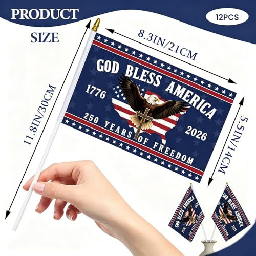 12 Pcs Small American Flags On Stick 250 Anniversary USA Flag Merchandise, Double Sided 250th Anniversary Patriotic Signs Hand Held Flags for Room House Welcome Lawn Backdrop Parade, God Bless America Flags for Outside 4th of July Day Decorations