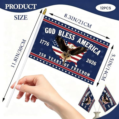 12 Pcs Small American Flags On Stick 250 Anniversary USA Flag Merchandise, Double Sided 250th Anniversary Patriotic Signs Hand Held Flags for Room House Welcome Lawn Backdrop Parade, God Bless America Flags for Outside 4th of July Day Decorations