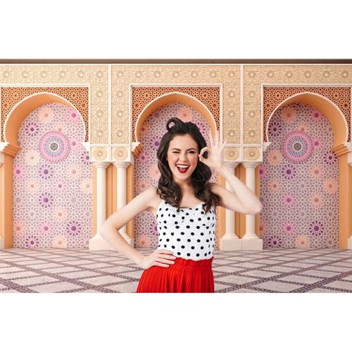 7x5ft Vinyl Moroccan Palace Backdrops for Photoshoot Orange Vintage Mandala Column and Arch Middle Eastern Style Photography Background Moroccan Birthday Wedding Party Decorations Photo - color: pink, size: 7x5ft
