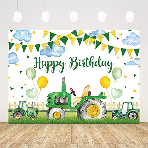 AIBIIN 10x7ft Farm Tractor Birthday Backdrop for Kids Green Grass Balloon Colorful Flag Clouds Photography Background Happy 1st Birthday Party Decorations Photo Shoot Studio Props Cake Table Banner - size: 10x7ft