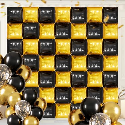 50PCS Black and Gold Square Foil Balloon Wall Backdrop for 2026 New Year Eve Party Decoration, 19'' Double Sided Metallic Balloon Garland Arch Kit for Graduation Anniversary Bachelorette Bridal Decor - color: Black & Yellow