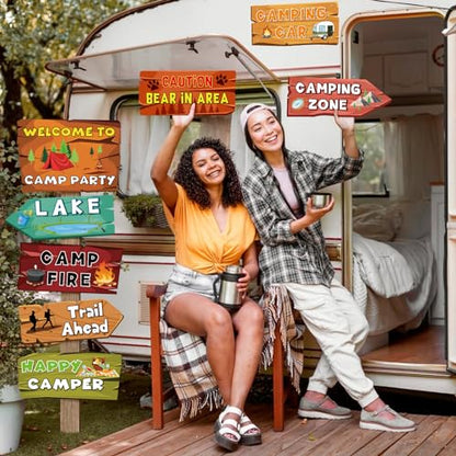 Hooqict 20 Pieces Camping Themed Party Decorations Camping Party Directional Signs for Summer Camp Decor Welcome to Camp Birthday Party Supplies Classroom Wall Door Porch Yard Sign - style: Camping