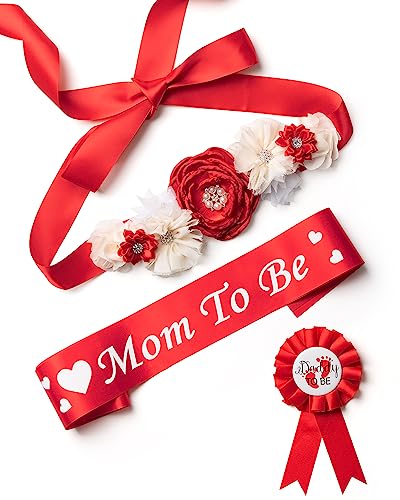 Baby Shower Sash Decorations Mom to Be Corsage Gift Dad to Be Pin 3Pack Set Flower Belt for Maternity Dress - Gender Reveal Pregnancy Photo Props - color: Deep Red