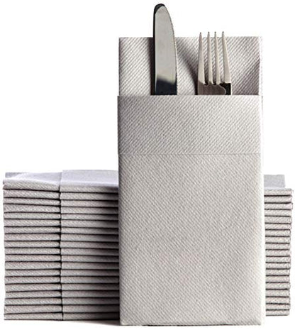 Moyes Home Gray Disposable Dinner Napkins with Pocket - Linen-Feel Pre-Folded Cloth-Like Paper Napkins for Silverware, Weddings, Dinner Parties, 16x16 in, Pack of 50 - color: Grey