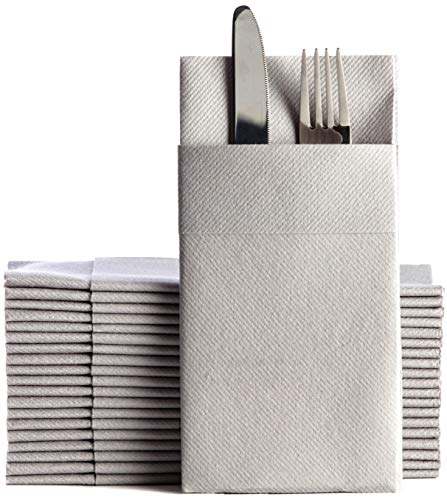 Moyes Home Gray Disposable Dinner Napkins with Pocket - Linen-Feel Pre-Folded Cloth-Like Paper Napkins for Silverware, Weddings, Dinner Parties, 16x16 in, Pack of 50 - color: Grey